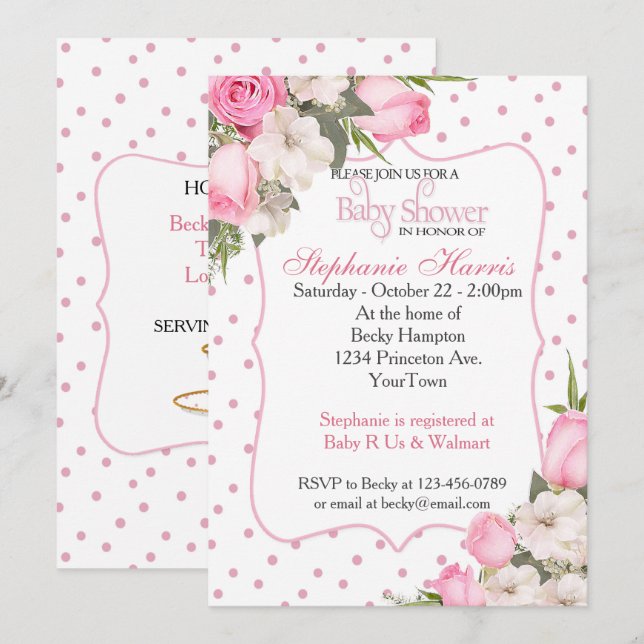 Convite para Chás de fraldas Florais com Rosas Ros (Frente/Verso)