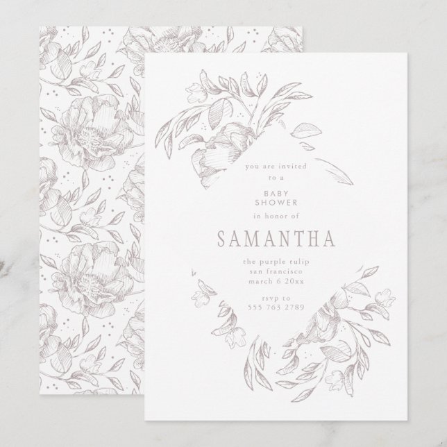 Convite para Chás de fraldas Florais Romântica Dia (Frente/Verso)