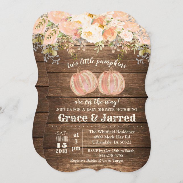 Convite para Chás de fraldas Gêmeos no outono (Frente/Verso)