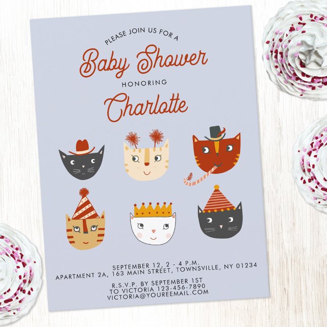 Convite para Chás de fraldas Personalizados para C (Cute kitty cat personalized gender neutral girl or boy baby shower invitation postcard)