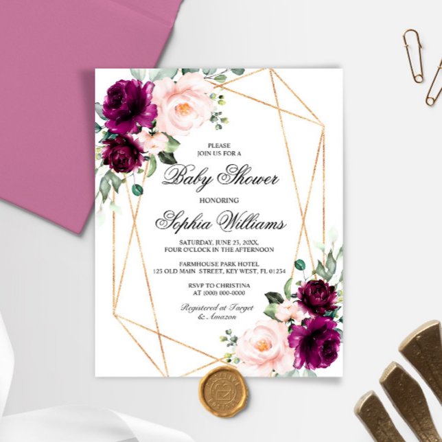 Convite para Chás de fraldas Rosa Púrpura e Pintad (Criador carregado)