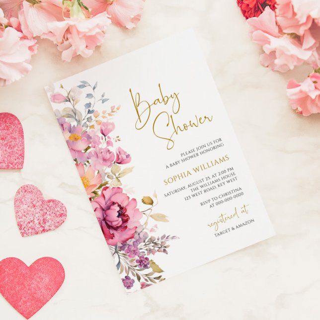 Convite para Chás de fraldas Roxo de Flores Selvag (Criador carregado)