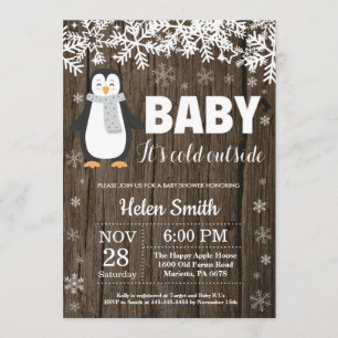 Convite para Chás de fraldas Rustic Penguin Winter