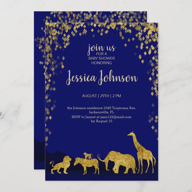 Convite para Chás de fraldas Safari Dourado e Azul (Frente/Verso)