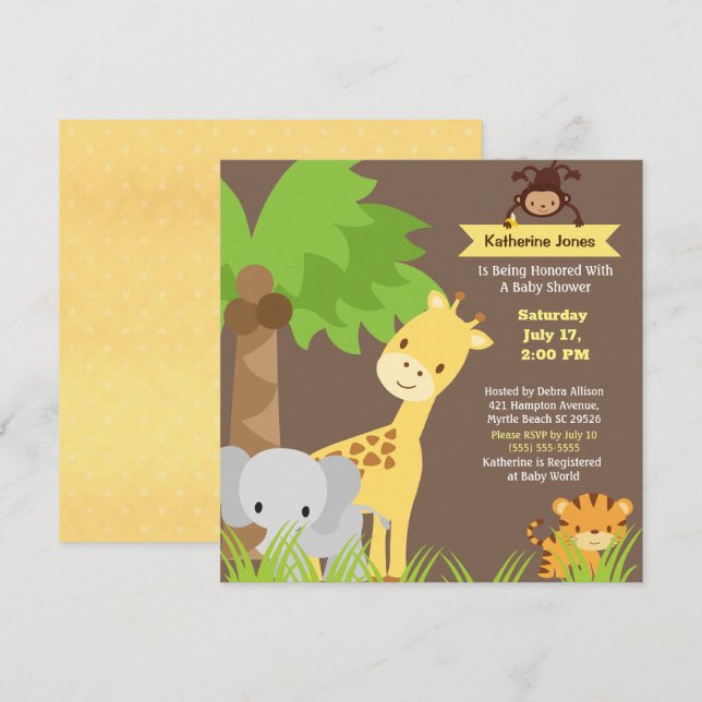 Convite para Chás de fraldas Safari para Animais S (Frente/Verso)