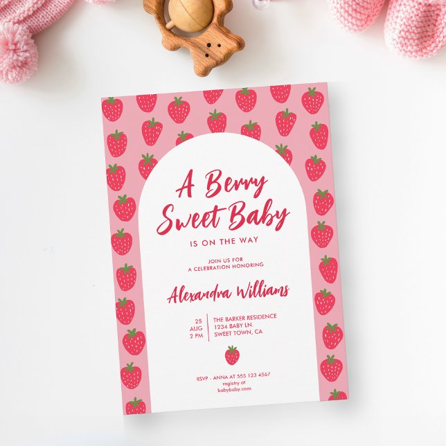 Convite para Chás de fraldas Strawberry Berry Swee (This Berry Sweet Baby Invitation is shown in size 5 x 7 in. Other sizes and digital available.)