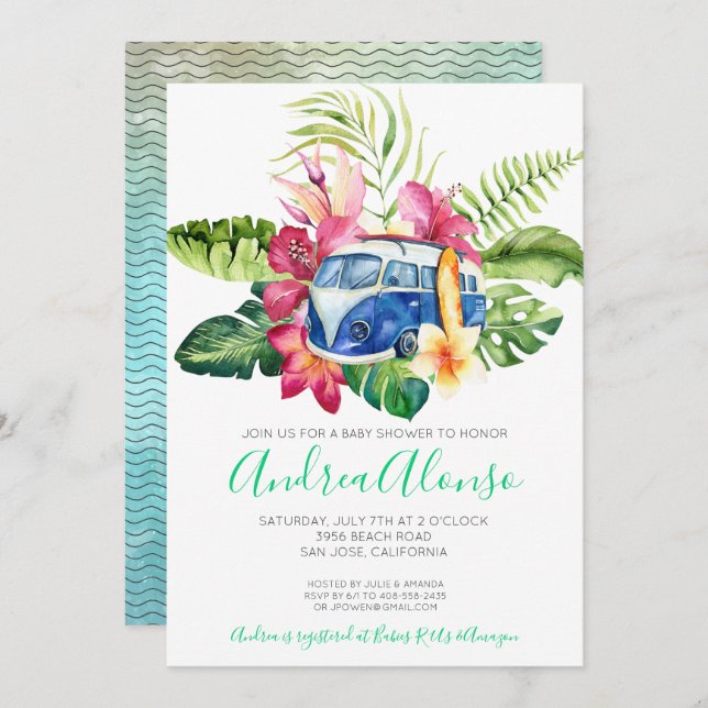 Convite para Chás de fraldas Tropicais de Bebê-Pra (Frente/Verso)