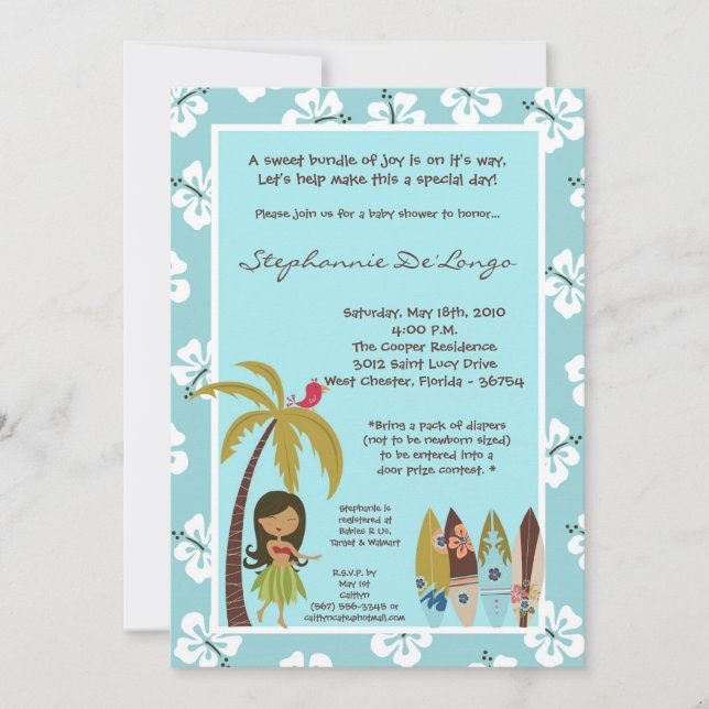 Convite para Chás de fraldas Tropicais de Luau, Ha (Frente)