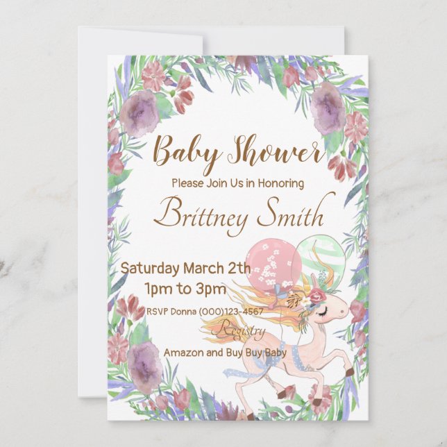 Convite para Chás de fraldas Unicórn, Unicorn Flor (Frente)