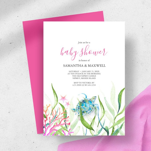 Convite para Chás de fraldas Verdes e Rosa de Tart (girl baby shower invitations watercolor sea turtle starfish coral and sea botanicals )