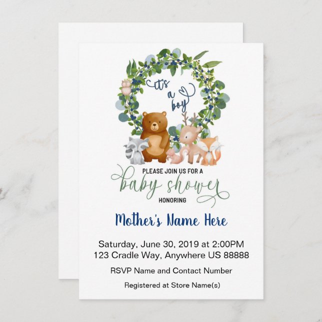 Convite para Chás de fraldas Woodland (Frente/Verso)