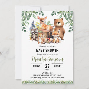 Convite para Chás de fraldas Woodland   Animais fl