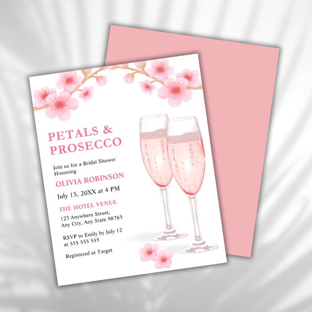 Convite para Chás de panela Pink de Orçamento e Pr (Modern Elegant Petals and Prosecco Pink Watercolor Floral Bridal Shower Invitation    )