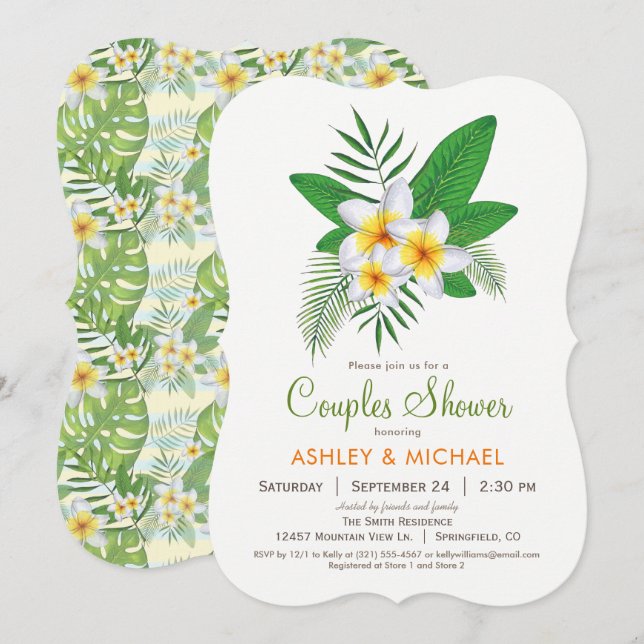 Convite para Chás de Plumeria Tropical (Frente/Verso)