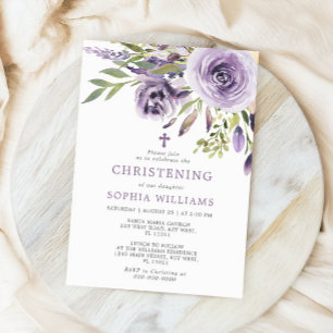 Convite para Christening Floral de Rosa Roxo