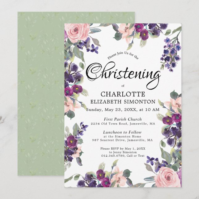 Convite para Christening Floral Roxo de Plum Blush (Frente/Verso)