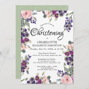 Convite para Christening Floral Roxo de Plum Blush