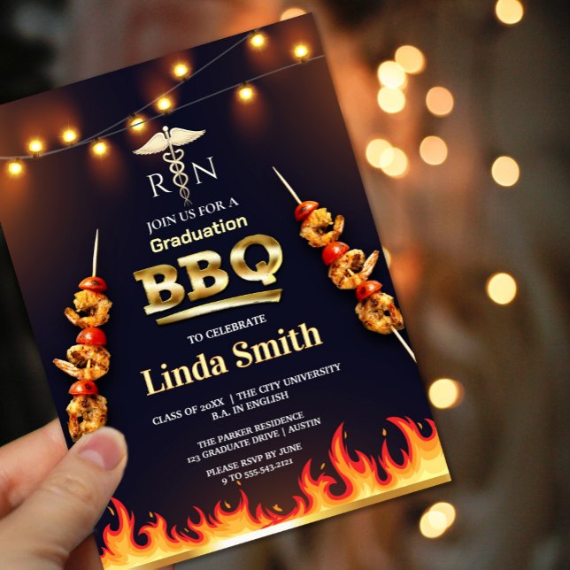 Convite para CHURRASCO de Graduação de Enfermagem  (Nursing Graduation BBQ Invitation | RN Symbol & Flame Design #zazzlemade #bbqinvitation#rninvitation)