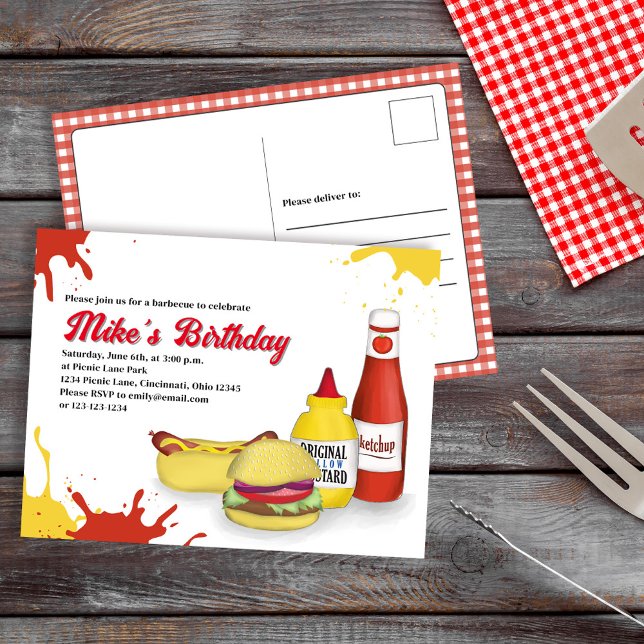 Convite para CHURRASCO de Verão festa de aniversár (Birthday Party BBQ invitation postcard template.)