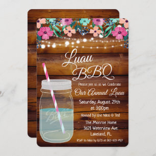 Convite Para CHURRASCO Luau Aloha Mason Jar