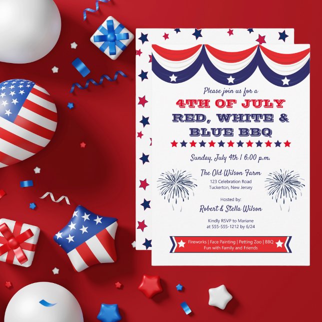Convite para CHURRASCO Vermelho e Azul em 4 de jul (4th of July Red, White and Blue BBQ Invitation)