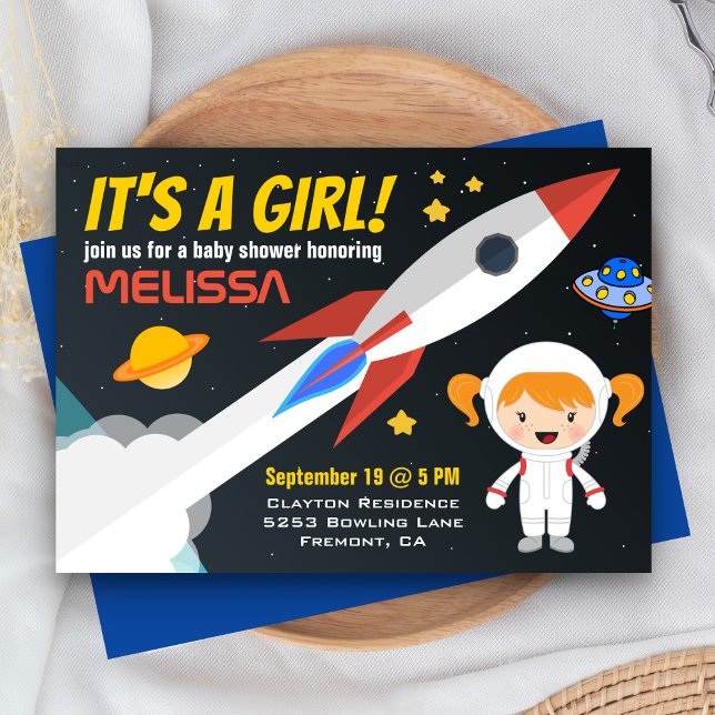 Convite para Chuvada de Bebê Rocket Girl Espaço Si (Criador carregado)