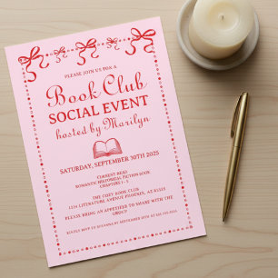 Convite para Clube do Livro Rosa Coquette Desenhad