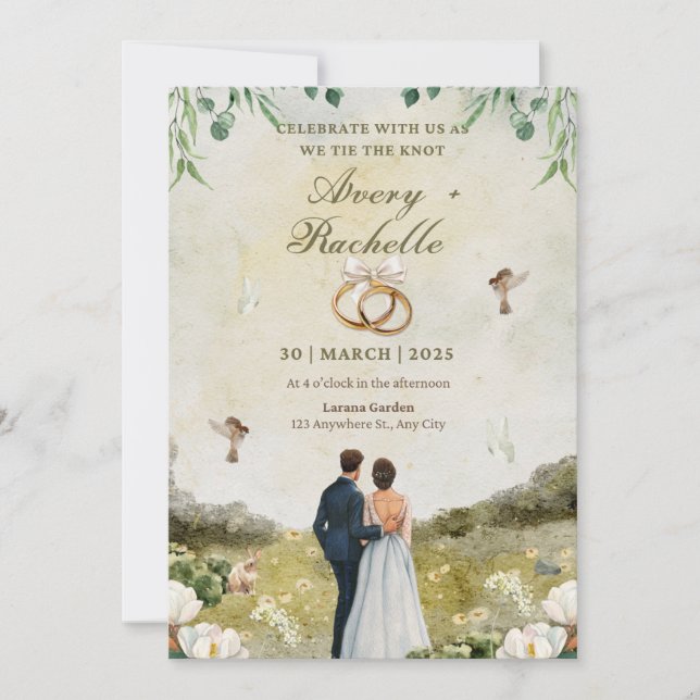 Convite para comemoração do casamento floral verde (Frente)