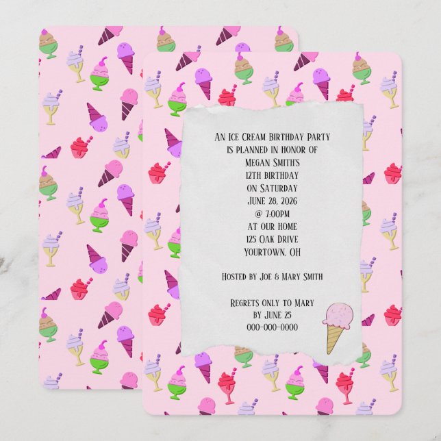 Convite para cones de Festa de aniversário de sorv (Frente/Verso)