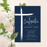 Convite para Confirmação de Cross Boys Modernos<br><div class="desc">Este convite de confirmação azul moderno apresenta um design na moda cruz, perfeito para celebrar este marco religioso especial. O esquema de cor azul-marinho o torna ideal para a cerimônia de confirmação de um jovem. O design simples, mas sofisticado, certamente impressiona os convidados e dá o tom para um evento...</div>