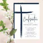 Convite para Confirmação de Cross Boys Modernos<br><div class="desc">Este convite de confirmação azul moderno apresenta um design na moda cruz, perfeito para celebrar este marco religioso especial. O esquema de cor azul-marinho o torna ideal para a cerimônia de confirmação de um jovem. O design simples, mas sofisticado, certamente impressiona os convidados e dá o tom para um evento...</div>