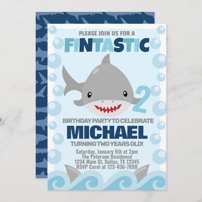 Convite para Convite de aniversário de tubarão (Frente/Verso)