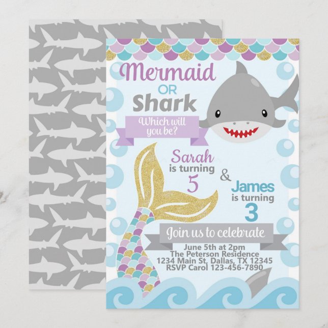 Convite para Convite de aniversário Mermaid Shark (Frente/Verso)