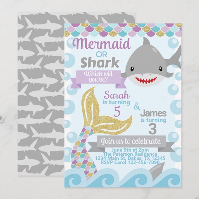 Convite para Convite de aniversário Mermaid Shark (Frente/Verso)
