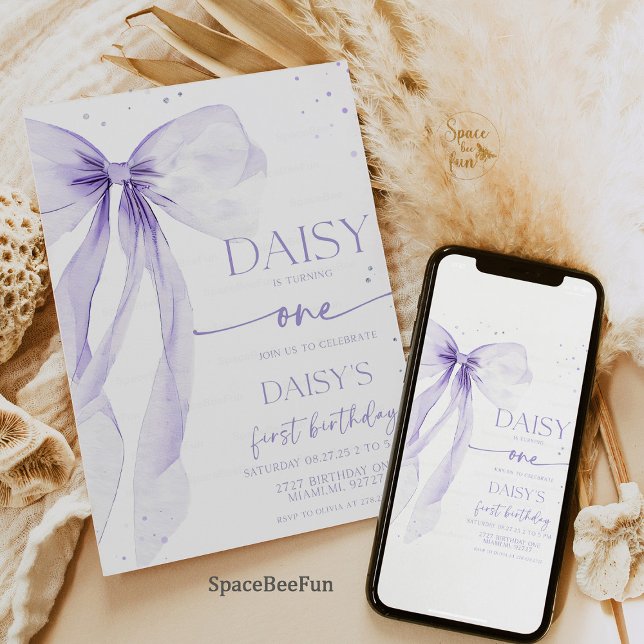 Convite para Coquetes do primeiro aniversario arco (1st Birthday Invitation, Bow Invitation, Coquette Style, Elegant Birthday Invite, Customizable Invit)