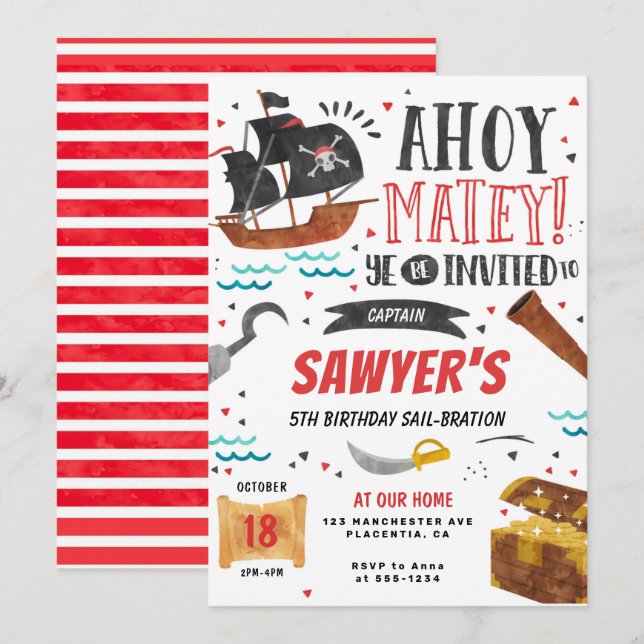 Convite para crianças de Festa de aniversário pira (Frente/Verso)