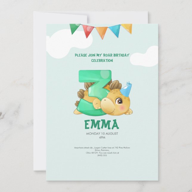 convite para crianças do 3º aniversário do dinossa (Frente)