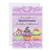 Convite para Cupcakes de Halloween Roxo bonito