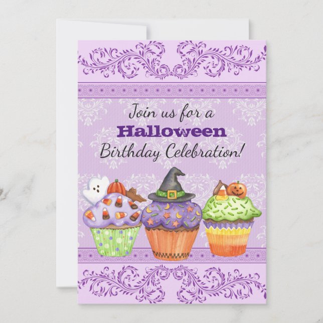 Convite para Cupcakes de Halloween Roxo bonito (Frente)