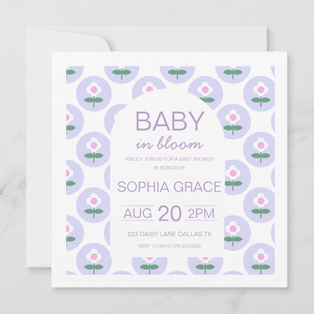 Convite para Daisy Flower Rosa Púrpura chá de fral (Frente)