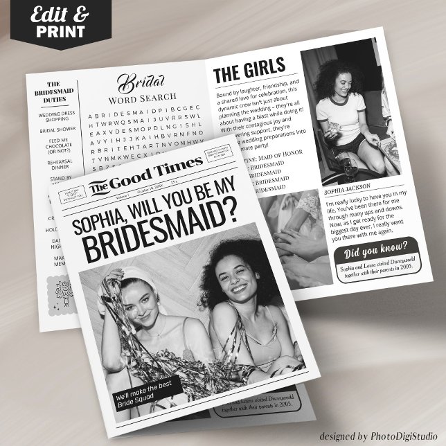 Convite para Dama de Honra em Jornal de Casamento  (Editable Bridesmaid Proposal 4 pages, Custom Bridesmaid Newspaper )