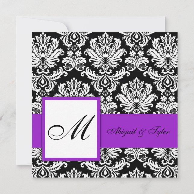 Convite para Damask de Monograma de Casamento Roxo (Frente)
