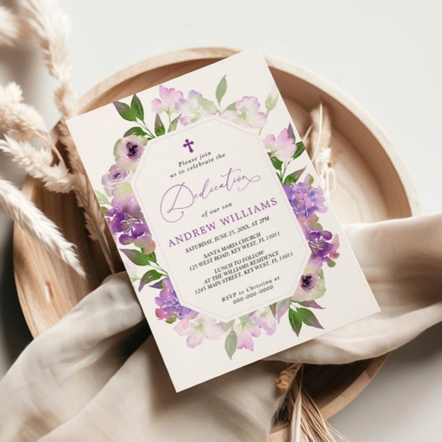 Convite para Dedicação de Flores Lilás Roxas Elega (Criador carregado)