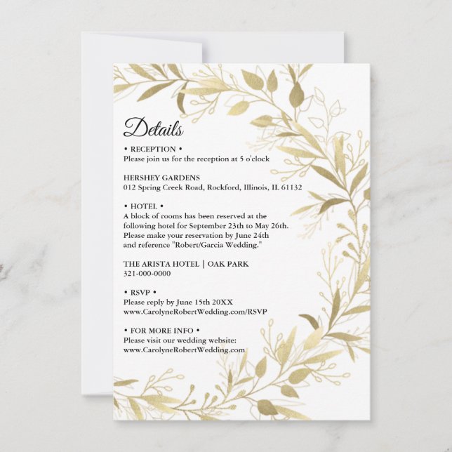 Convite para Detalhes do Casamento de Folha Dourad (Frente)