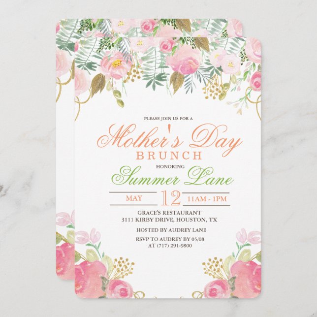 Convite para Dia de as mães de Aquarela Floral Bru (Frente/Verso)