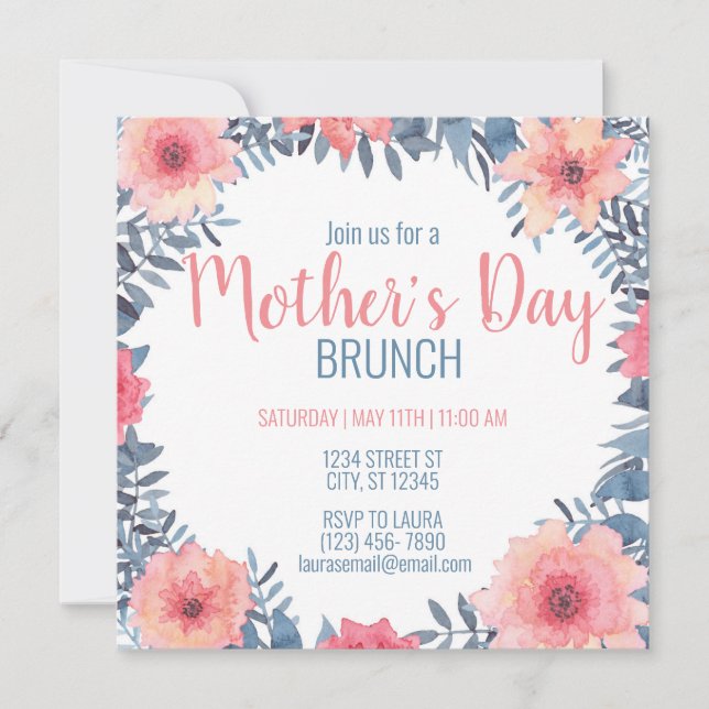 Convite para Dia de as mães Floral Brunch (Frente)