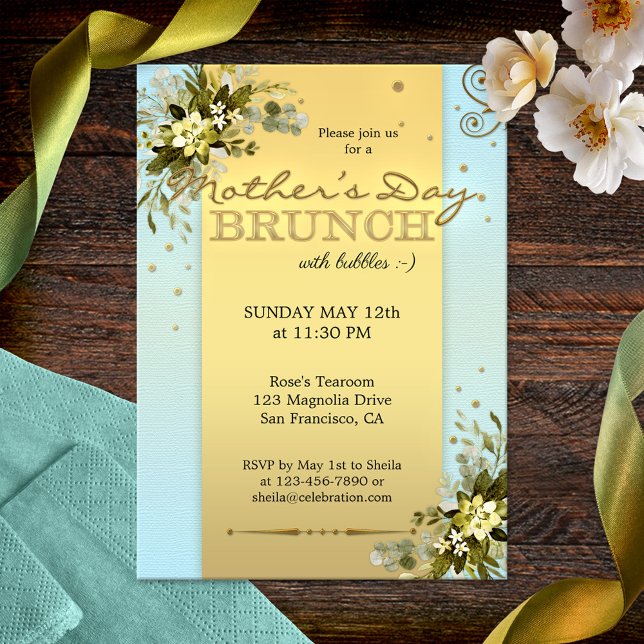Convite para Dia de as mães Floral Dourado Azul Br (Elegant Mother's Day Brunch invitation featuring a gold stylized design with watercolor leaves)