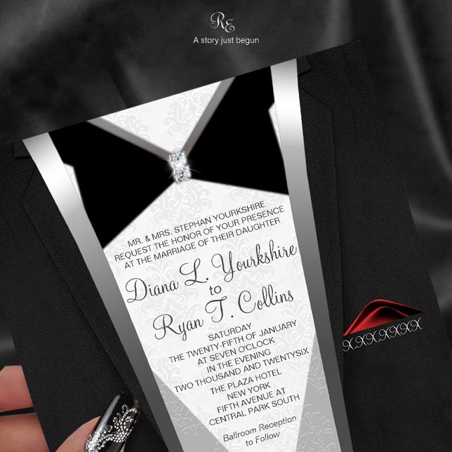 Convite para Diamante Preto Tie (Black Tie Diamond invitation with elegant wording framed in timeless tuxedo.)