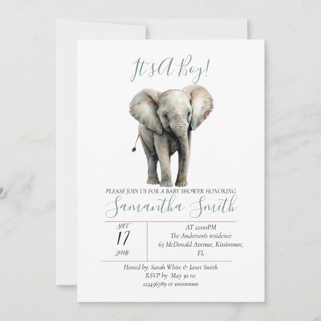 Convite para Elefante de Chá de fraldas de Aquarel (Frente)