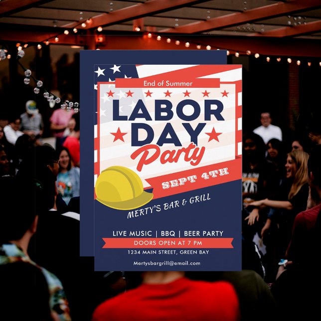 Convite para Evento de Festa do Dia do Trabalhador (Labor Day USA Flag Hard Hat Party Event Invitation)